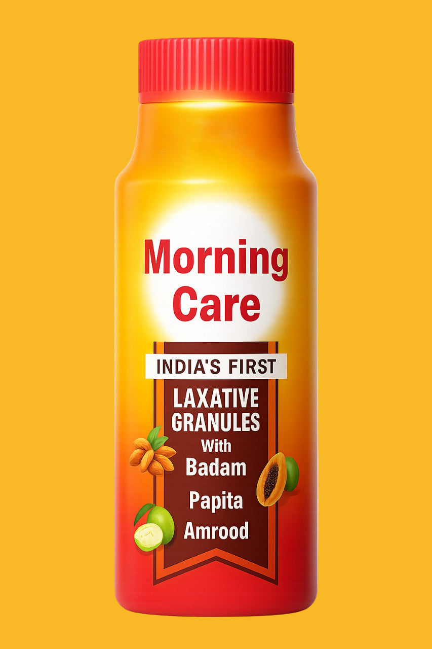 Bottle of 'Morning Care' laxative granules with a red cap on a yellow background